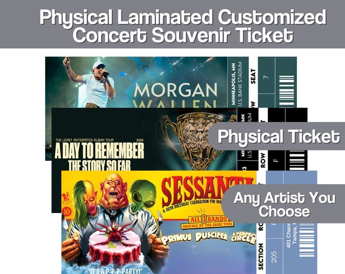 Physical Horizontal Ticket Custom Personalized Laminated Concert Ticket Souvenir Item for Keepsake or Surprise Gift Holiday Anniversary