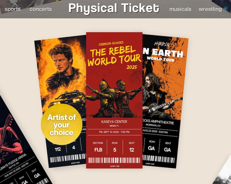 May include: A collection of physical tickets for concerts and events. The tickets feature vibrant graphics and text, including "The Rebel World Tour 2025" and "Artist of your choice." The tickets are in various colors, including red, orange, and black.