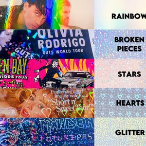 May include: A collage of holographic images with text. The top image features two people with rainbow light effects and the word "RAINBOW". Other images include "OLIVIA RODRIGO GUTS WORLD TOUR", "GREEN DAY THE SAVIORS TOUR", and "MAIDEN FUTURE PAST".