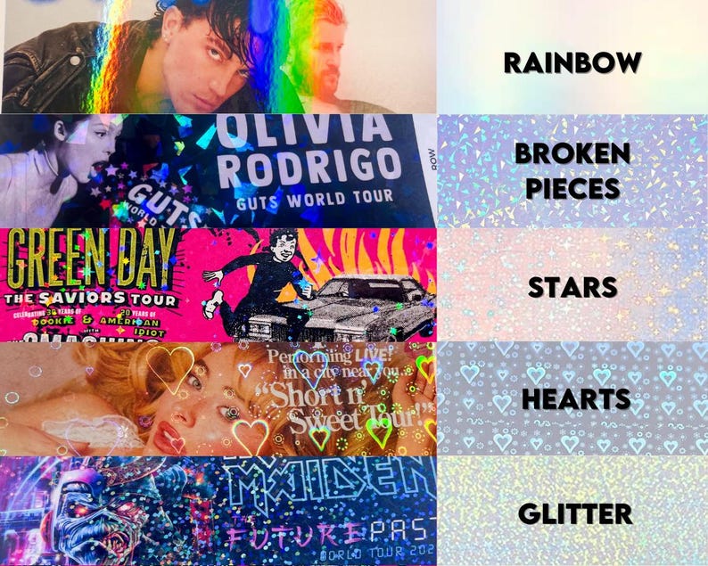 May include: A collage of holographic images with text. The top image features two people with rainbow light effects and the word "RAINBOW". Other images include "OLIVIA RODRIGO GUTS WORLD TOUR", "GREEN DAY THE SAVIORS TOUR", and "MAIDEN FUTURE PAST".