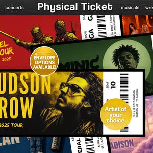 May include: A collection of rectangular physical ticket designs featuring various concert and event themes. The tickets display bold typography, artist imagery, barcodes, seat numbers, and event dates. Two circular gold badges state ENVELOPE OPTIONS AVAILABLE and Artist of your choice.