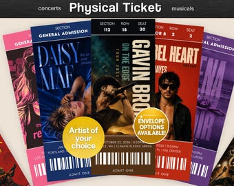 May include: A collection of rectangular physical event tickets in pink, blue, black, red, and purple. Each ticket features artist imagery, event details, section, row, and seat numbers, a barcode, and the text 'ADMIT ONE'. Two gold circular stickers overlay the tickets.