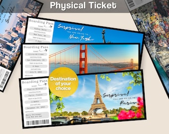 Bilhete físico personalizado, destino, cartão de embarque, bilhete de viagem, item de lembrança, voo, presente surpresa, aniversário, aniversário, 016