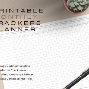 Niet-gedateerde maandelijkse trackerplanner | Afdrukbare agenda met 1 pagina voor het stellen van doelen en productiviteit | Mood and Habit Tracker, afdrukbaar Gantt-diagram