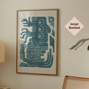 Watercolor Mayan Print, Blue Nautical Maya Print, Instant Download Art, Aztec Culture Print, Maya Wall Art, Inca Style Blue Wall Art, Mayan