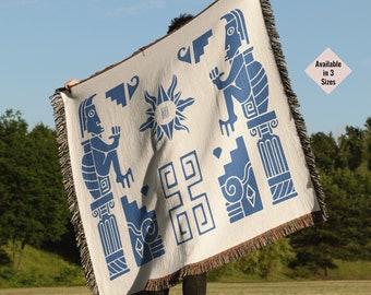 Greek Tapestry Blanket: Coastal Boho Woven Throw with Fringe