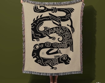 Boho Aztec Throw Blanket, Black Beige Woven Blanket, Mexican Folk Art, Southwestern Decor, Mayan Decorative Tapestry, Picnic Blanket