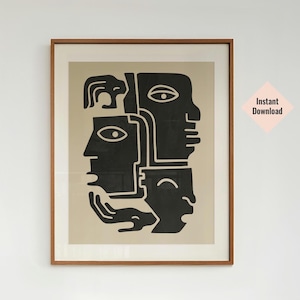 Póster de arte azteca mexicano, arte mural XL, decoración de pared azteca maya para sala de estar, impresión de arte maya, arte mural grande neutro con rostros abstractos.