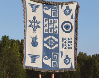 Greek Woven Throw Blanket, Beach Blanket Woven Tapestry, Mediterranean Decor, Faux Granny Square Blanket, New Apartment Gift, Organic Cotton