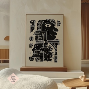 Maya zwart-beige ingelijste canvas muurkunst, grootschalige kunst, boho western decor, boven het bed artwork, moderne Mexicaanse zwevende lijstprint