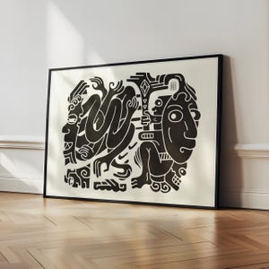 Pu&ograve; includere: Stampa d'arte astratta in bianco e nero con un design stilizzato di due figure con forme e motivi geometrici. La stampa ha un'estetica minimalista e sarebbe un'ottima aggiunta a qualsiasi casa moderna.