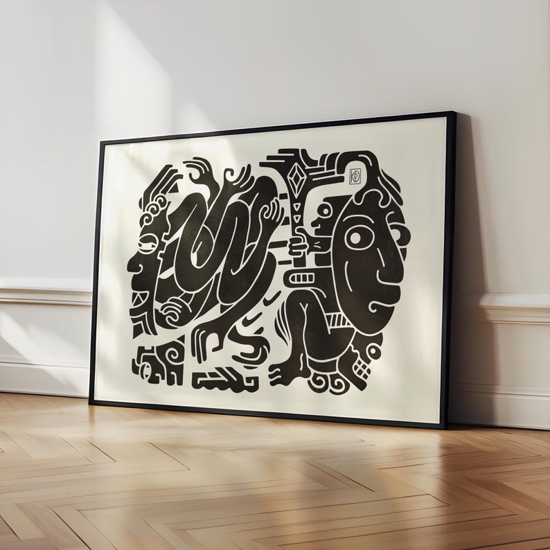 Pu&ograve; includere: Stampa d'arte astratta in bianco e nero con un design stilizzato di due figure con forme e motivi geometrici. La stampa ha un'estetica minimalista e sarebbe un'ottima aggiunta a qualsiasi casa moderna.