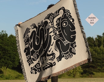 Aztec Boho Throw Blanket, Mexican Folk Art, Picnic Blanket, Southwestern Decor, Black Beige Woven Blanket, Mayan Wall Hanging Tapestry