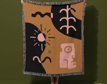 Mayan Aztec Woven Cotton Blanket: Southwestern Boho Tapestry
