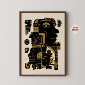 May include: A framed art print featuring a black and gold geometric design of stylized human figures and shapes. The artwork has a beige background and a brown frame. The words "Instant Download" are on a pink diamond-shaped sticker.