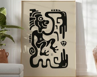 Stampa d'arte indigena astratta, arte popolare messicana, poster latino maya, arte murale in stile tradizionale, stampe beige nere, opera d'arte mesoamericana