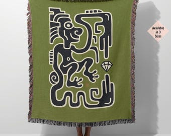 Green Woven Throw Blanket: Aztec-Inspired Abstract Art, Cotton Fringe