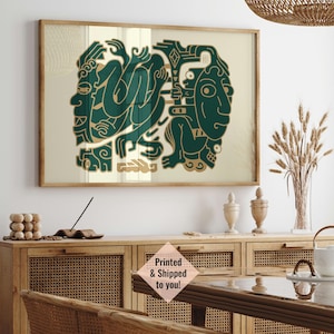 Impresión azteca del suroeste, arte de pared horizontal, decoración verde y dorada, impresiones de arte maya, rostros abstractos, estética de la sala de estar, regalos mexicanos