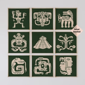 Set von 9 abstrakten ethnischen Drucken Azteken, Maya-Kunst, abstraktes eklektisches Dekor, Maya-Kunst, 20x20 Poster, Sofortiger Download, Maximalist-Wandkunst, Maya