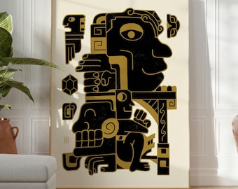 Stampa artistica da parete azteca, arte messicana Maya in oro nero, poster massimalista boho, arredamento mesoamericano moderno