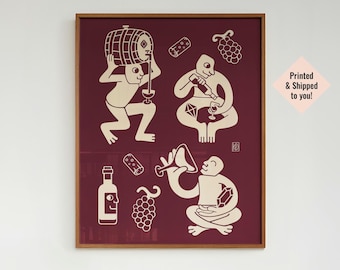 Funky Drinks Print, Wine Lover Wall Art, Kitchen Wall Gallery Decor, Burgundy Wine Illustration, Hand Drawn Poster, Apartment Home Gift