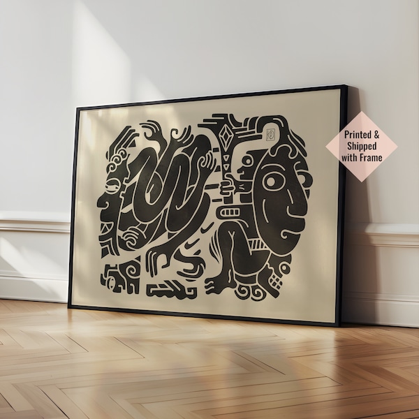 Mayan Art Print, Black framed Print, Aztec Print, Black and Beige Art, Mexican Art Print, Hand Drawn Horizontal Print, Aesthetic Room Decor