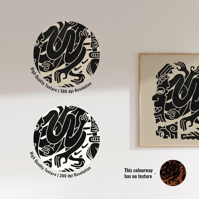 Pu&ograve; includere: Due disegni circolari in bianco e nero con uno sfondo testurizzato. I disegni presentano forme e motivi astratti. Il testo "High Quality Texture | 300 dpi Resolution" &egrave; scritto sotto ogni disegno. La terza immagine mostra un disegno simile senza texture e il testo "This colourway has no texture".