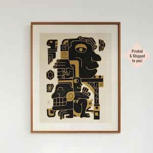 Aztec Wall Art Print, Black Gold Mexican Mayan Art, Boho Maximalist Poster, Modern Mesoamerican Decor