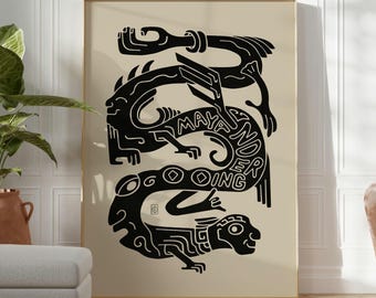 Stampa Maya in nero beige, poster di Anthropologie, arte popolare messicana, arredamento sud-occidentale, arte murale surreale azteca, arredamento boho western