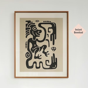 Mayan Wall Art, Funky Art Print, Large Neutral Wall Art, Maya, Aztec Wall Decor, Mexican Room Decor, Aztec Print, Mexican Art Poster, Inca