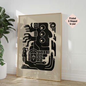 Pôster de arte mexicana, arte de parede preta e bege, impressão asteca desenhada à mão, decoração boho maia, presente de inauguração de casa, arte latina texturizada, rústico