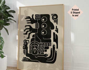 Poster d'arte messicana, arte murale nera e beige, stampa azteca disegnata a mano, arredamento boho maya, regalo di inaugurazione della casa, opera d'arte latina testurizzata, rustico