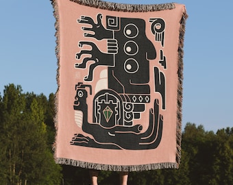 Coperta tessuta in stile sud-occidentale, arazzo astratto, regalo tessile per la casa, arredamento in cotone massimalista, azteco moderno