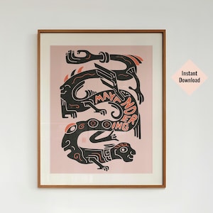 Abstract Mayan Wall Art, Instant Download Print, Aztec Illustration Poster, Modern Eclectic, Black and Pink Decor