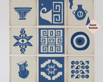 Greek Art, Set of 9 Square Prints, Cycladic Wall Decor, Instant Download, Mediterranean Aesthetic, Summer Beach Style, Coastal Greece Home