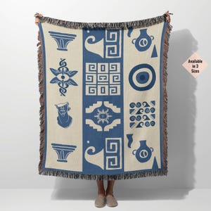 Greek Woven Throw Blanket, Beach Blanket Woven Tapestry, Mediterranean Decor, Faux Granny Square Blanket, New Apartment Gift, Organic Cotton