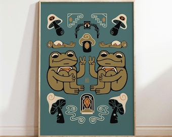 Mushroom Frogs Art Print, Cottagecore Poster, Goblincore Wall Art, Cute Frog Artwork, Woodland Creatures Illustration