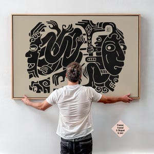Azteekse ingelijste canvas kunst aan de muur, abstracte horizontale kunst, boven het bed decor, zuidwestelijk decor, extra groot kunstwerk, boho folk gicléekunst