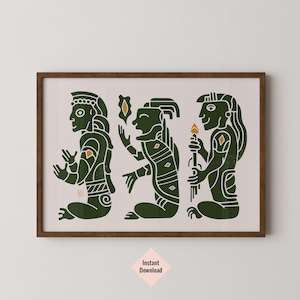 Emerald Green Mayan Art, Cultural Home Decor, Hand Drawn Horizontal Print, Aesthetic Room Decor, Print Yourself Art, Illustrated Art Print