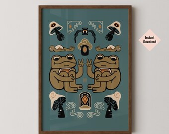 Whimsical Frogs Art Print, Print Yourself Art, Goblincore Decor, Forage Wall Artwork, Naturecore Poster, Mushroom Motifs