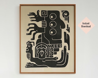 Mesoamerikanische Azteken-Wandkunst, Maya-inspiriertes handgezeichnetes Poster, Boho-modernes Inka-Dekor, mexikanische abstrakte Illustration