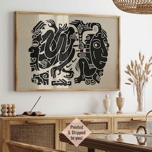 Aztec Black Beige Print, Mexican Art Poster, Abstract Etsy Wall Art, Boho Mayan Illustration, Anthropologie Decor