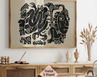 Stampa azteca beige nera, poster d'arte messicana, arte murale astratta Etsy, illustrazione boho maya, arredamento antropologico
