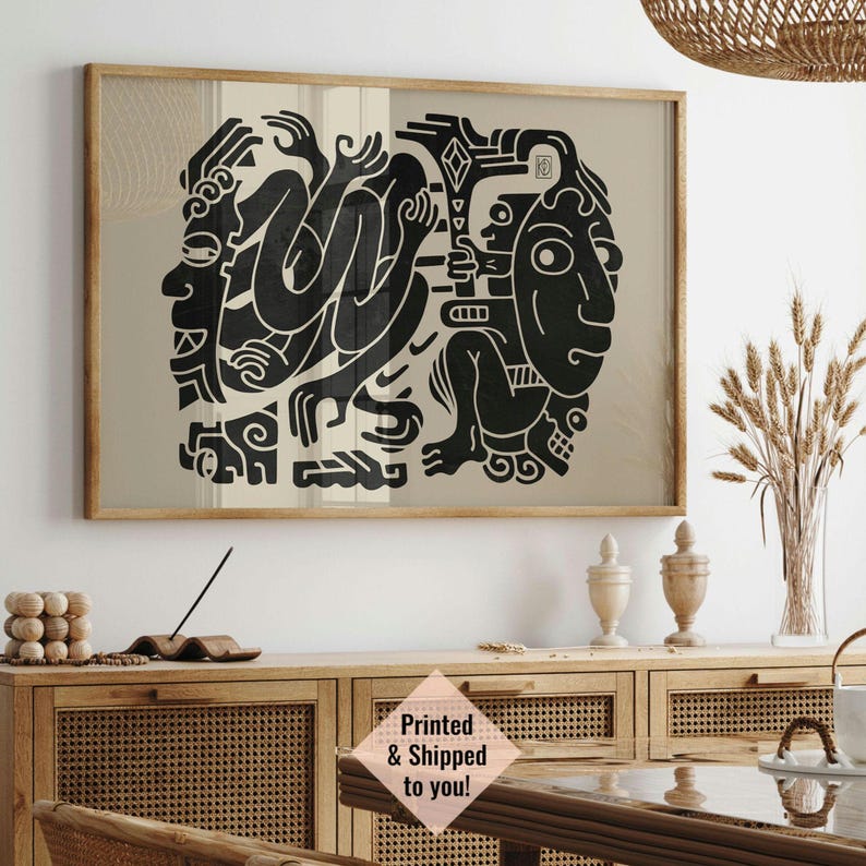 Stampa azteca beige nera, poster d'arte messicana, arte murale astratta Etsy, illustrazione boho maya, arredamento antropologico Black and Beige