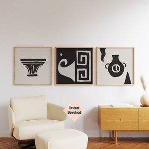 Greek Square Three Piece Wall Art, Instant Download Art, Ancient Greek Art, Digital Print Mediterranean, Scandi Neutral Living Room Wall Art