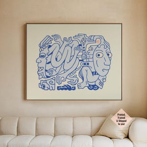 May include: A framed wall art print featuring a blue line drawing on a cream background. The illustration depicts two stylised faces intertwined with abstract limbs and geometric shapes, including a small red square stamp in the upper right corner.