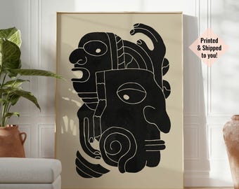 Stampa artistica azteca, poster messicano beige nero, illustrazione boho maya, volti astratti, decorazione da parete per soggiorno