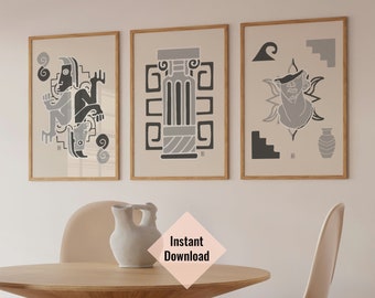 Wandkunst im griechischen Stil, Neutrales Interieur, Mittelmeer, Griechenland inspirierte Poster, ästhetisches Raumdekor, Triptychon
