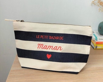 Large embroidered and customizable cotton sailor kit / Pouch, makeup bag for Mother's Day