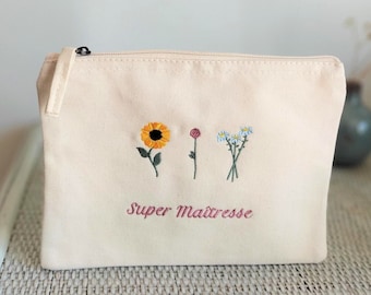 Custom embroidered kit in organic cotton / Pouch for women's Valentine's Day gift, Grandma, Mistress, Nanny / Make-up kit